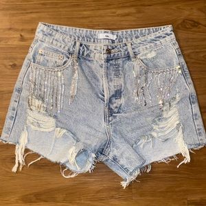 Rhinestone Fringe Denim Shorts